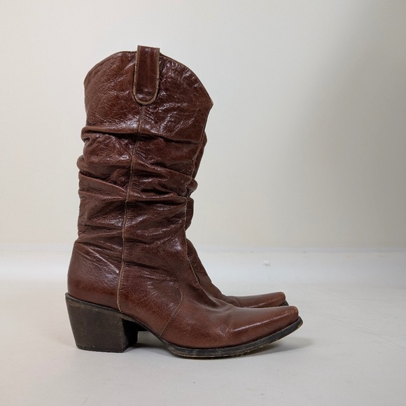 Brown Leather Cowgirl Cowboy Boots Mesh Lining Heeled Slouchy - Picture 11 of 12